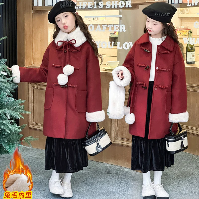 2026 Winter teenager giels Red Faux Fur Lined Thickened woolen coat Christmas new years junior kids long Overcoat child jacket