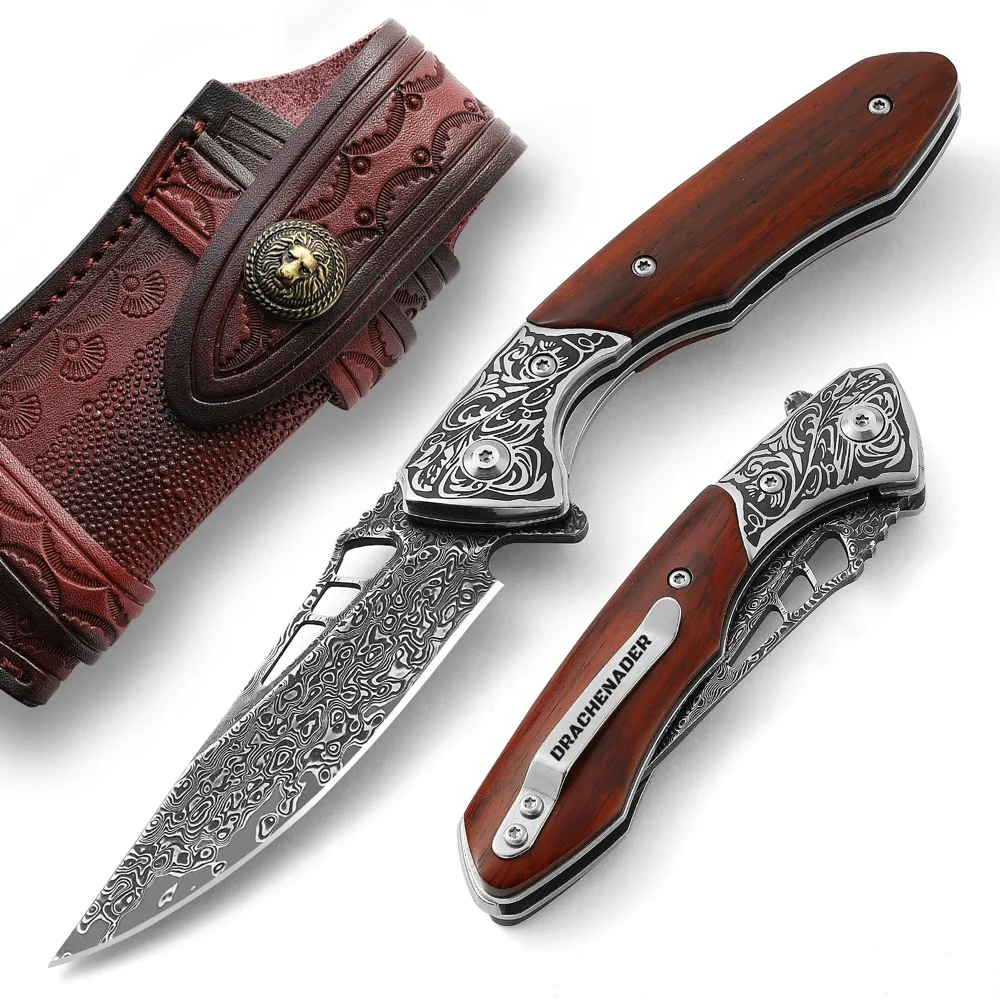 DRACHENADER Vg10 Damascus Pocket Knife for Men, Self Defense Folding Knife, Edc Multitool, Outdoor Camping Knives with Sheath