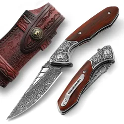 DRACHENADER Vg10 Damascus Pocket Knife dla mężczyzn, nóż składany do samoobrony, narzędzie wielofunkcyjne Edc, noże kempingowe z pochwą