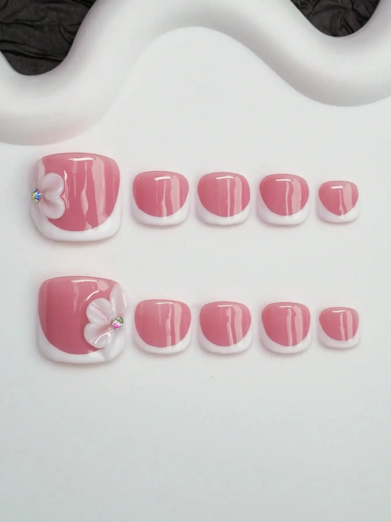 14pcs Y2K Baddie Style Handmade Nail Stickers, Nude & White French Tip Nail Art With Floral Decor, Shiny Nail Wraps Suitable For