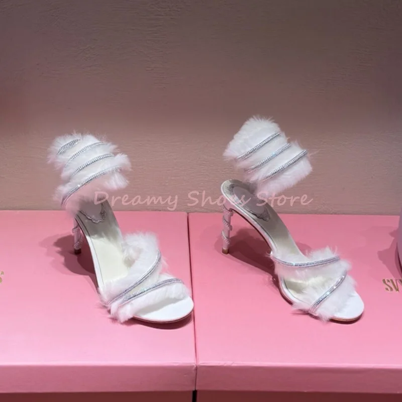 

White Snake Wrap Crystal Slingback Stiletto Pumps Women Black Fur Open Toe High Heels Fashion Luxury Party Banquet Wedding Shoes
