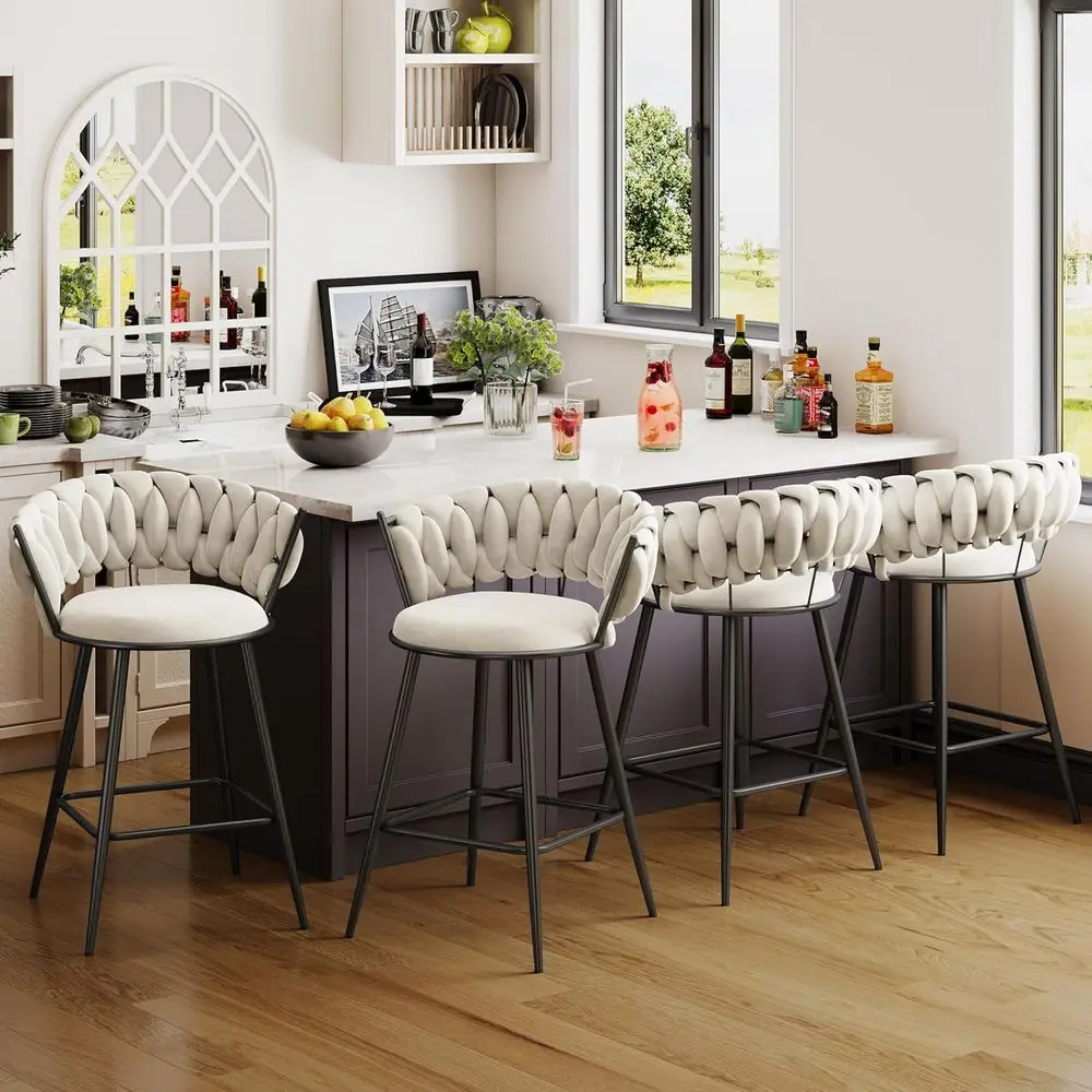 Set of 4 Velvet Bar Stools, Upholstered Woven Counter Height with Back, Ideal for Kitchen Island, Dining Room - Ivory - view 3