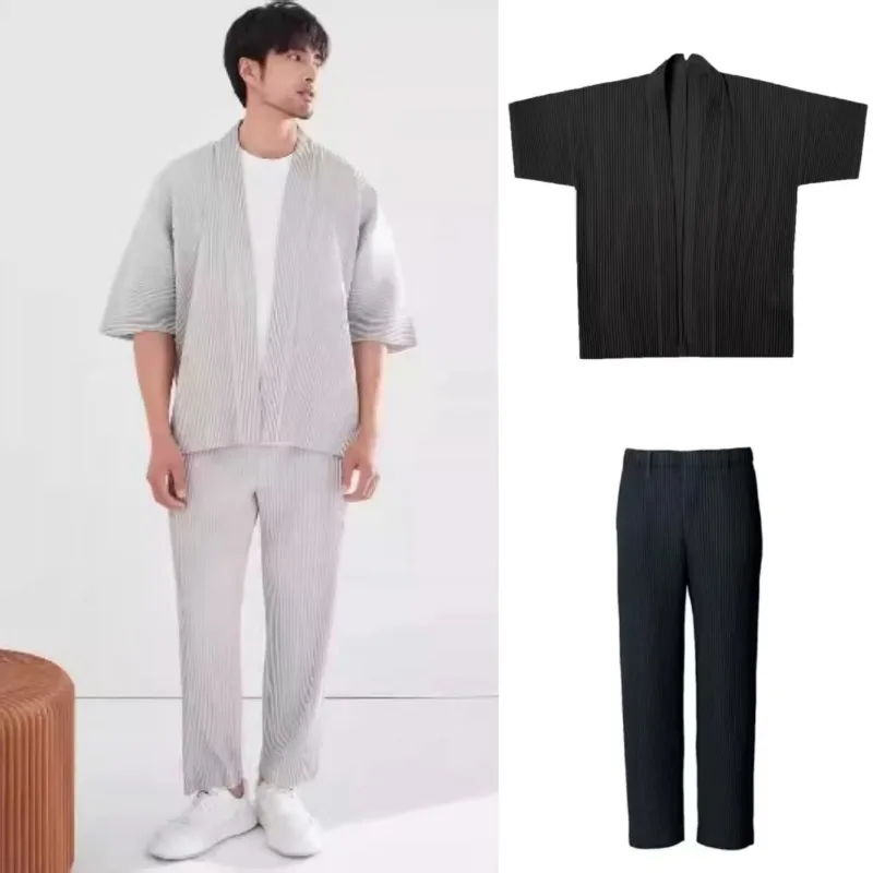 

Summer Japanese Men's Suit Miyake Pleated Large Size Toga Set Casual Loose Short Sleeve Suit Cardigan + Straight Leg Pants