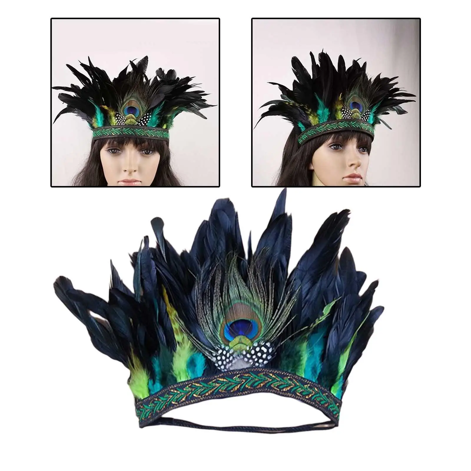 Costume da pavone con corona di piume copricapo decorativo Fascinator con fascia indiana per spettacolo di danza carnevale Halloween