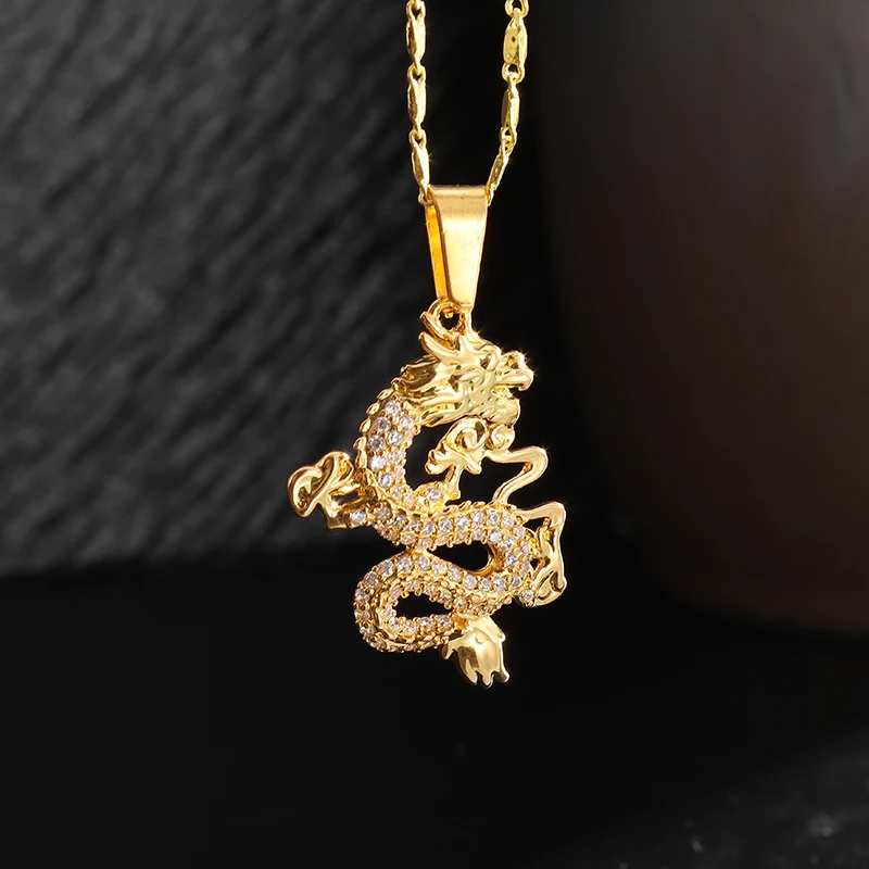 Classic Chinese Style Zircon Golden Dragon Mascot Lucky Pendant Necklace for Men Vintage Copper Necklace Women Amulet Jewelry