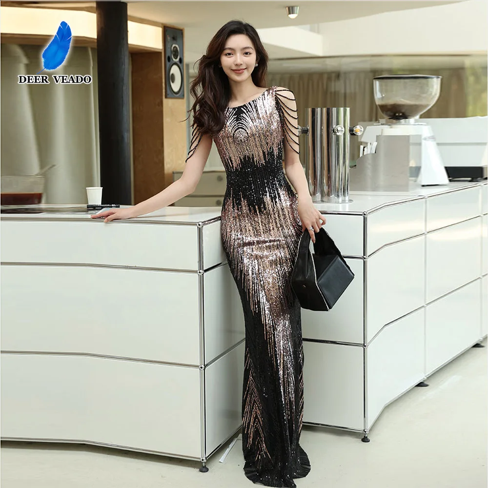 DEERVEADO Elegant Mermaid O Neck Sequins Evening Dress with Beads Women's Formal Dress for Special Occasions Party Dress