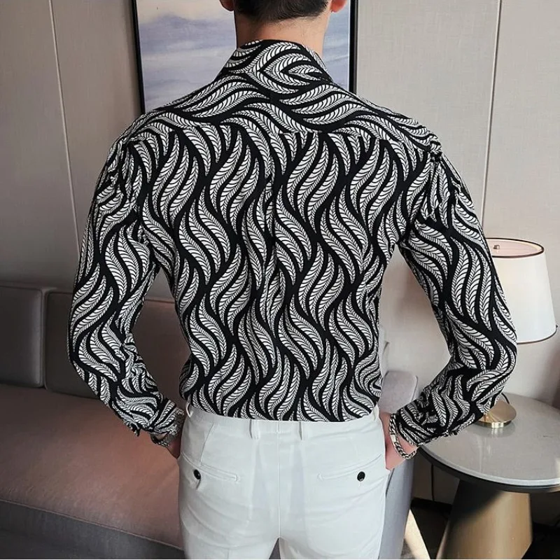 2023 Spring and Autumn New Men\'s Square Neck Printed Shirt Long Sleeve England Handsome Contrast Color Button Cardigan Thin Tops