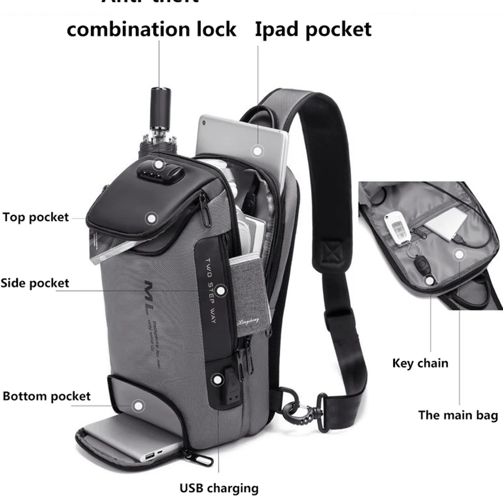 Men Anti-theft Lock Multifunction Shoulder Bags USB Charging Sling Crossbody Travel Messenger Chest Bag Pack For Male