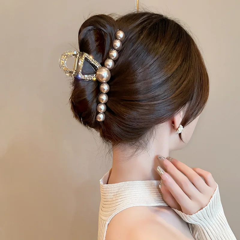 Champagne Color High-end Imitation Pearl Rhinestone Large Fashionable Girl\'s Back Hair Clip