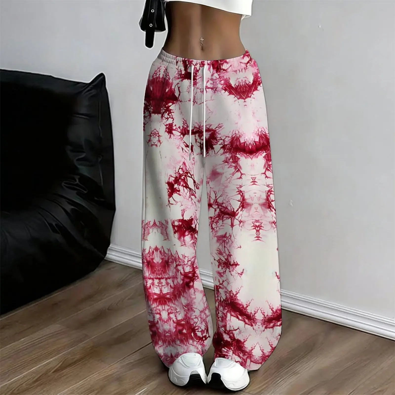 Women Multicolor Spiral Print Wide Leg Pants Elastic Waist Drawstring Loose Fit Summer Casual Beach Resort Long Trousers Stree
