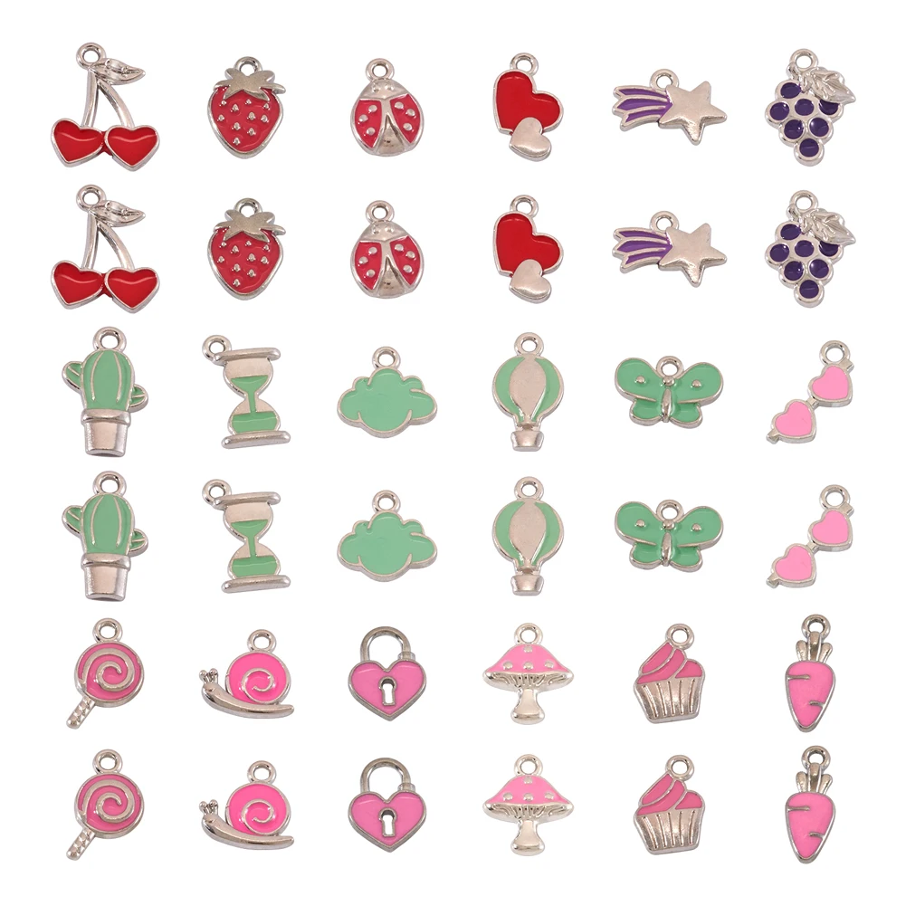 36pcs Mixed Lovely Zinc Alloy Enamel Pendants Lock Grape Strawberry Cherry Charms for Bracelet Necklace Keychain Jewelry Making