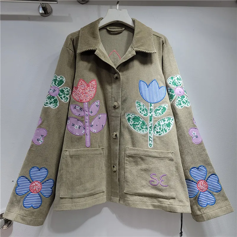 

SuperAen Retro Corduroy Colorful Flower Embroidered Jacket for Women Spring New Korean Style Vintage Khaki Loose Casual Jackets