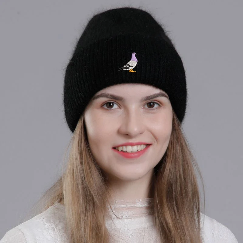Fashion Embroidery Pigeon Warm Cashmere Wool Angola Rabbit Fur Winter Knitted Beanies Women Cap Female 3 Fold Ski Outdoor Hats