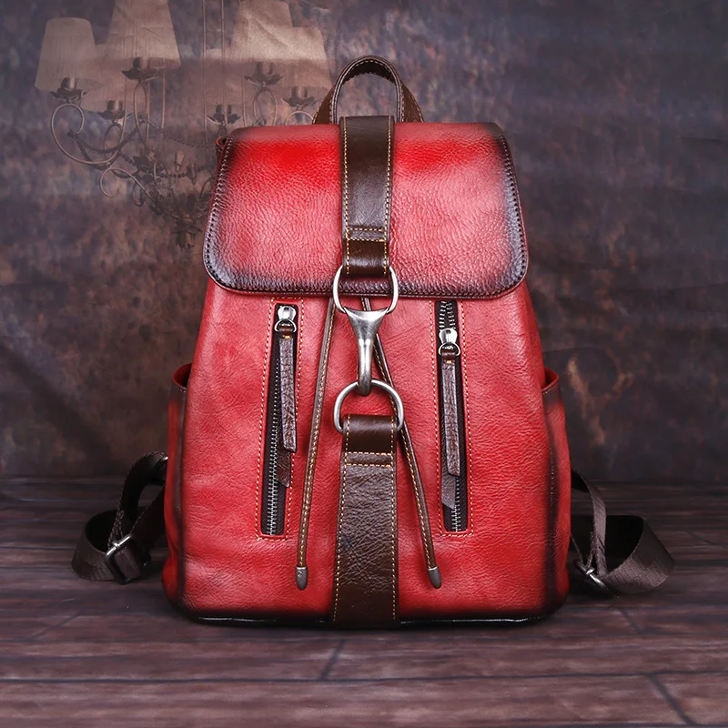 Vintage First Layer Cowhide Drawstring With Metal Buckle Backpack Europe And United States Fashion Personalized Leather Backpack