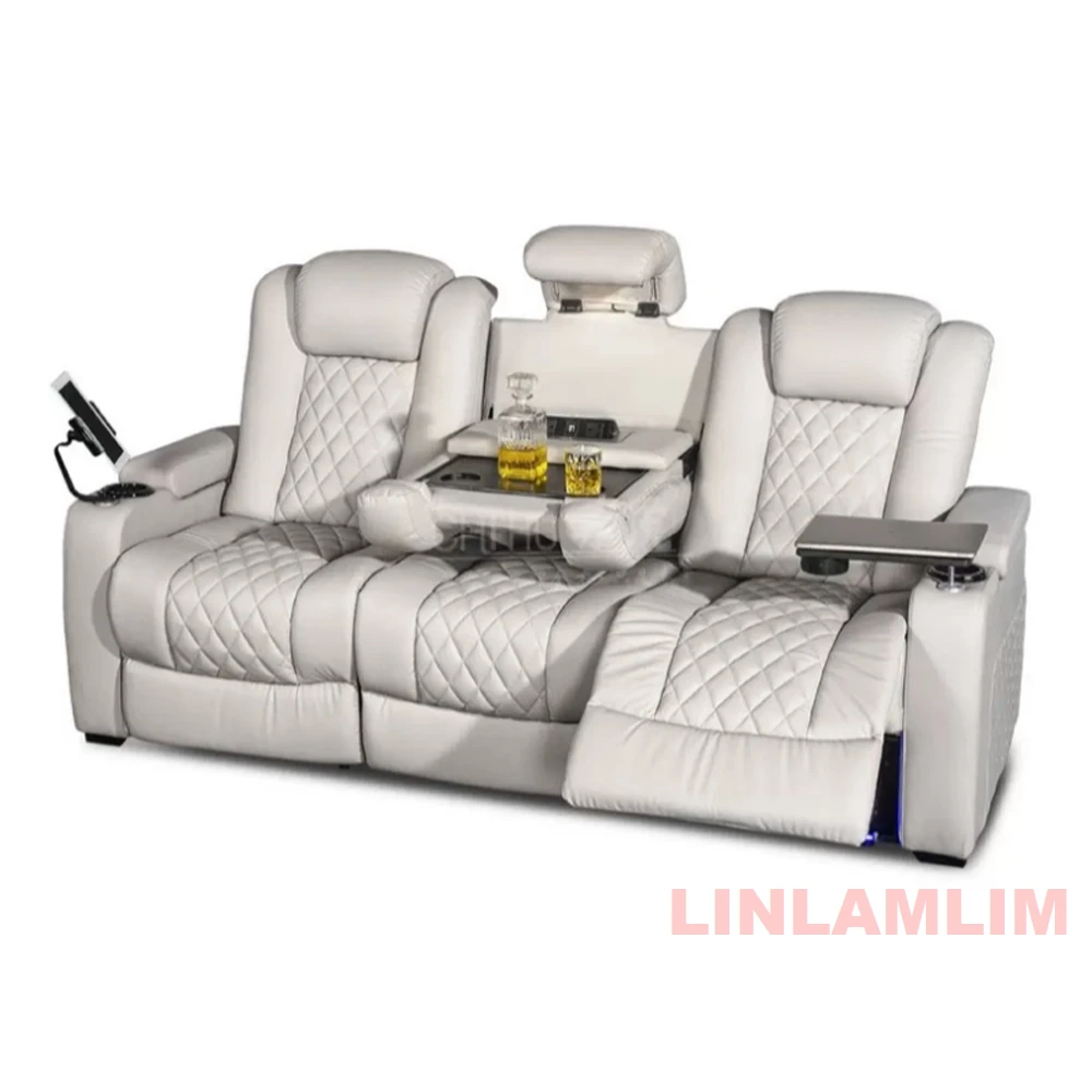 أريكة استلقاء فاخرة بمحركات مزدوجة مع إضاءة LED، USB، تخزين مخفي، طاولة وصينية قابلة للطي - أريكة كرسي بثلاثة مقاعد