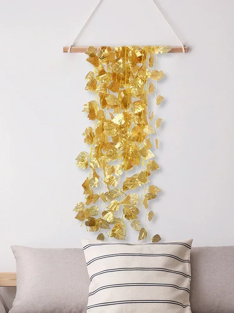 12Pcs 220cm Gold Leaf Garland Ivy Silk Artificial Plants Vine Greenery For Wedding Home Office Bathroom Garden Decoration