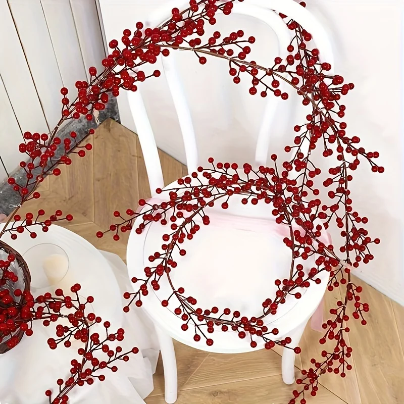 1 pièce de guirlande artificielle de canneberges de 190 cm, Noël - Idéale pour la table de salle à manger, les célébrations du Nouvel An, la décoration de fête de fiançailles