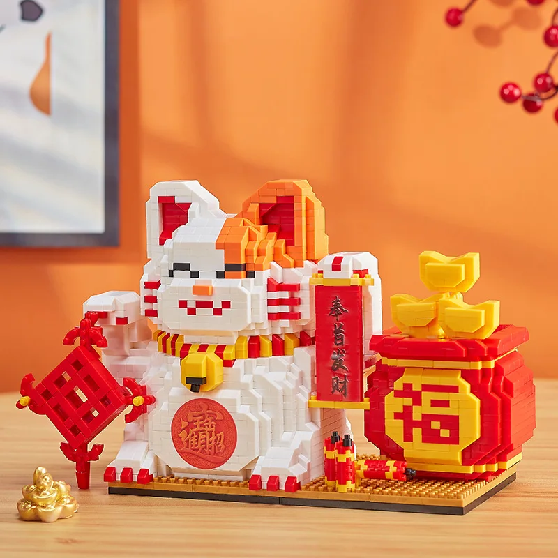 

Maneki Neko Micro Building Blocks Lucky Cat Pen Container Welcoming Money Fortune Cat Mini Brick Figure Toy For New Year Gift