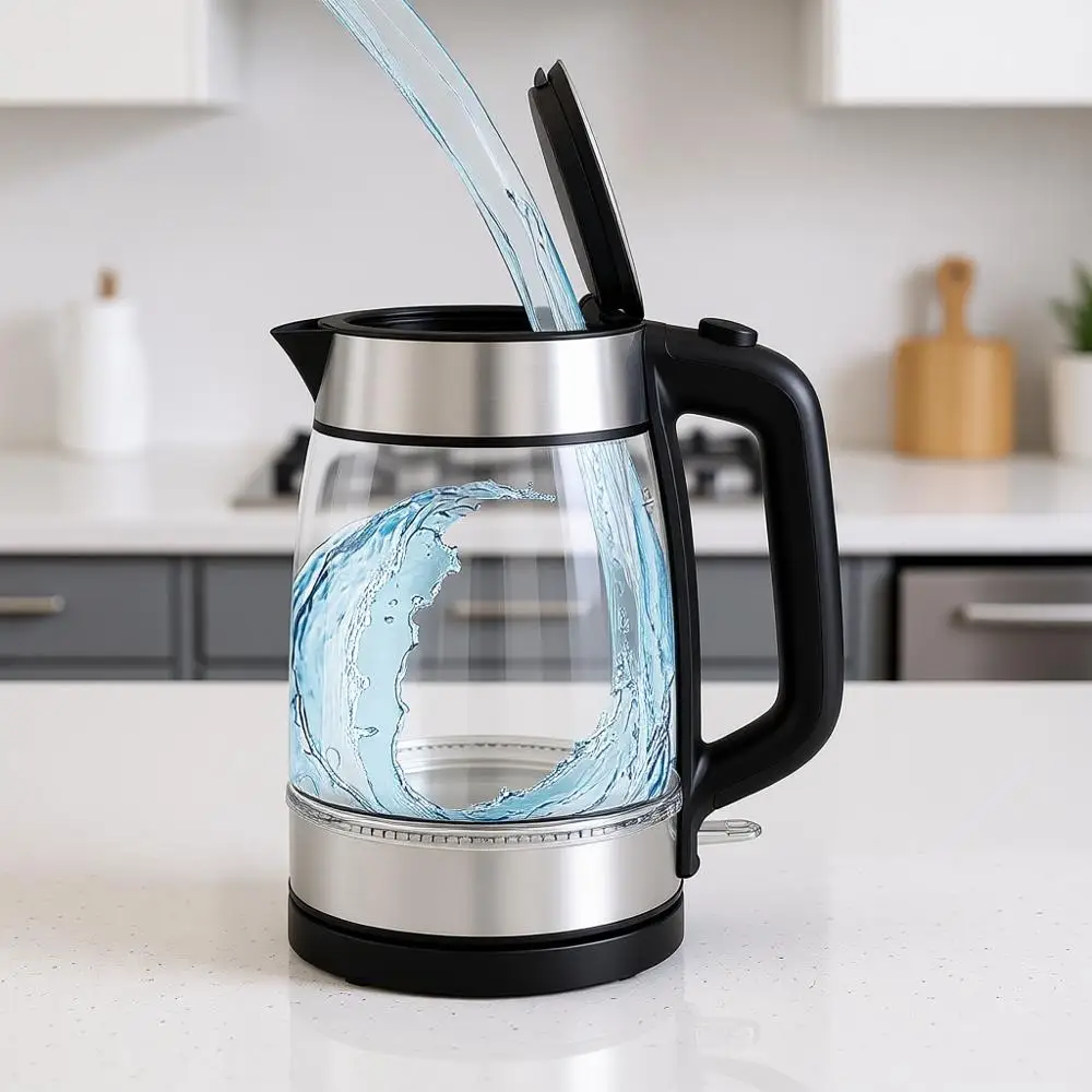 

1.7L Electric Glass Kettle: Fast Boil 1500W, LED Display, Anti-Scale Filter, Auto-Off, Cordless Design - Brews 1 Cup in 80 Secs