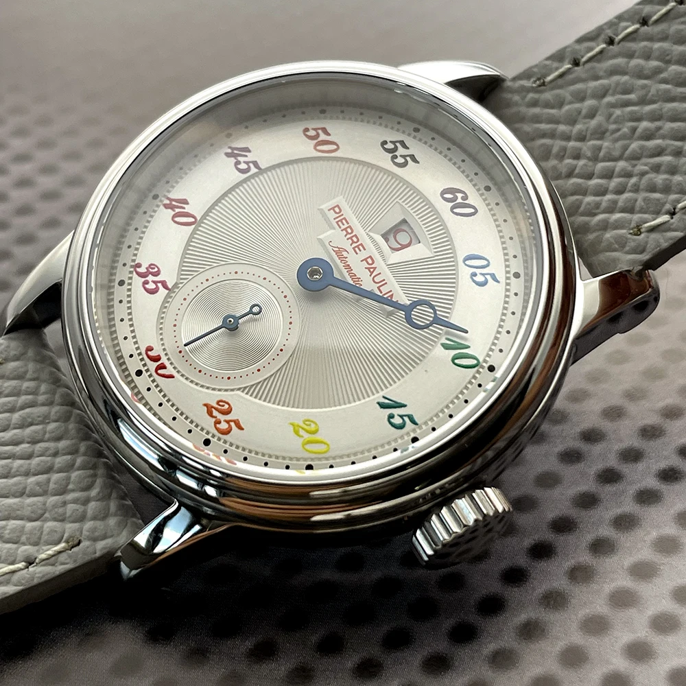 Sapphire Crystal NEW Pierre Paulin Jumping Hour Men Watch Salmon Dial Automatic St17 Mechanical Watch Vintage Date Window