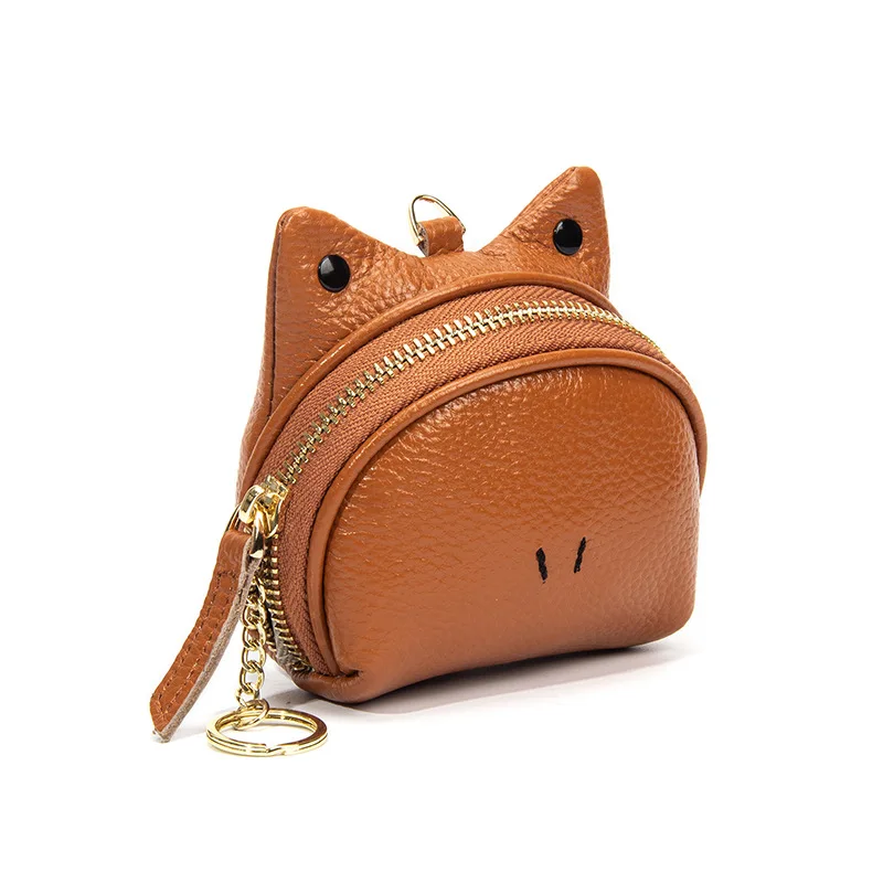 Women Genuine Leather Mini Coin Purse Cat Shape Keychain Wallet with Zipper and Ring Ladies Casual Daily Small Pouch Bag