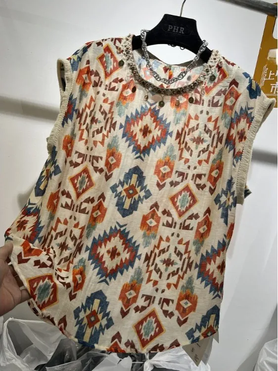 

Summer New round Ne Heavy Embroidery Printing irt Svel Vest Top Women's Faionable Korean Sle Loose Fit Blouse