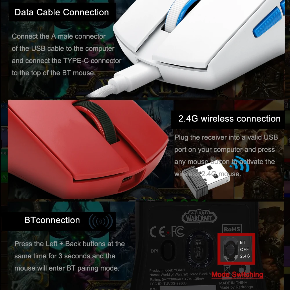 Blizzard YGK01 USB 1K 2.4G support Bluetooth Wireless Gaming Mouse 26000 DPI PAW9339 Programmable game mice for Computer Laptop