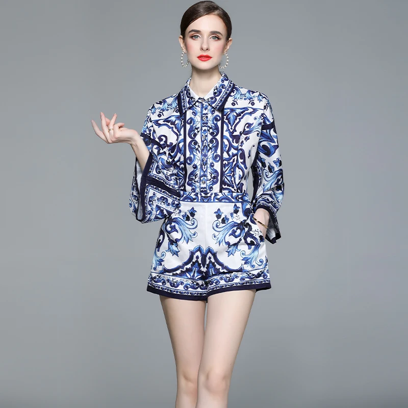 Banulin Spring Runway Fashion Shorts Suit Women Turn-down Collar Blue and White Porcelain Print Shirts and Short 2 Pieces Set