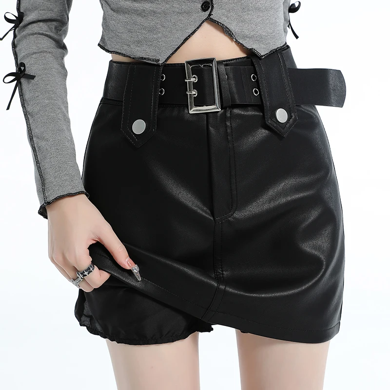 High Waist A-line Mini Skirt with Belt Gothic Fashion Black PU Leather Skirt Women Autumn