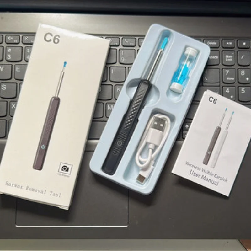 

YS00128 --- Очиститель ушей Smart Vision с камерой, зарядка через USB, инструмент для удаления ушной серы, подключение Wi-Fi, 6 светодиодных наушников