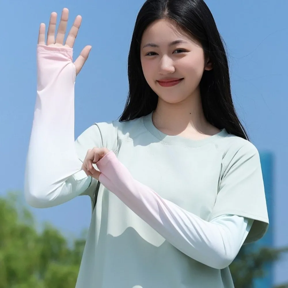 

Cute Pulling Rope Ice Silk Arm Sleeves Gradient Color Flared Sunscreen Arm Sleeves Thin UV Protection Cycling Arm Cover Girl