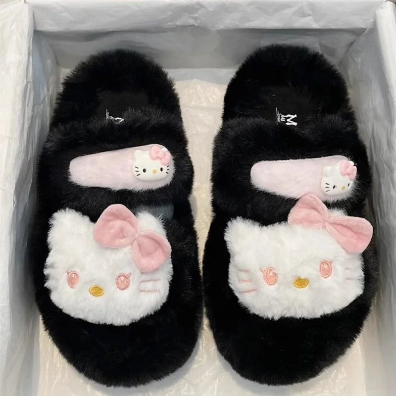 Hello Kitty Cute Cartoon Plush Slippers Female Winter New Fashion Warm Home Shoes Korean Style Casual Versatile Cotton Slippers