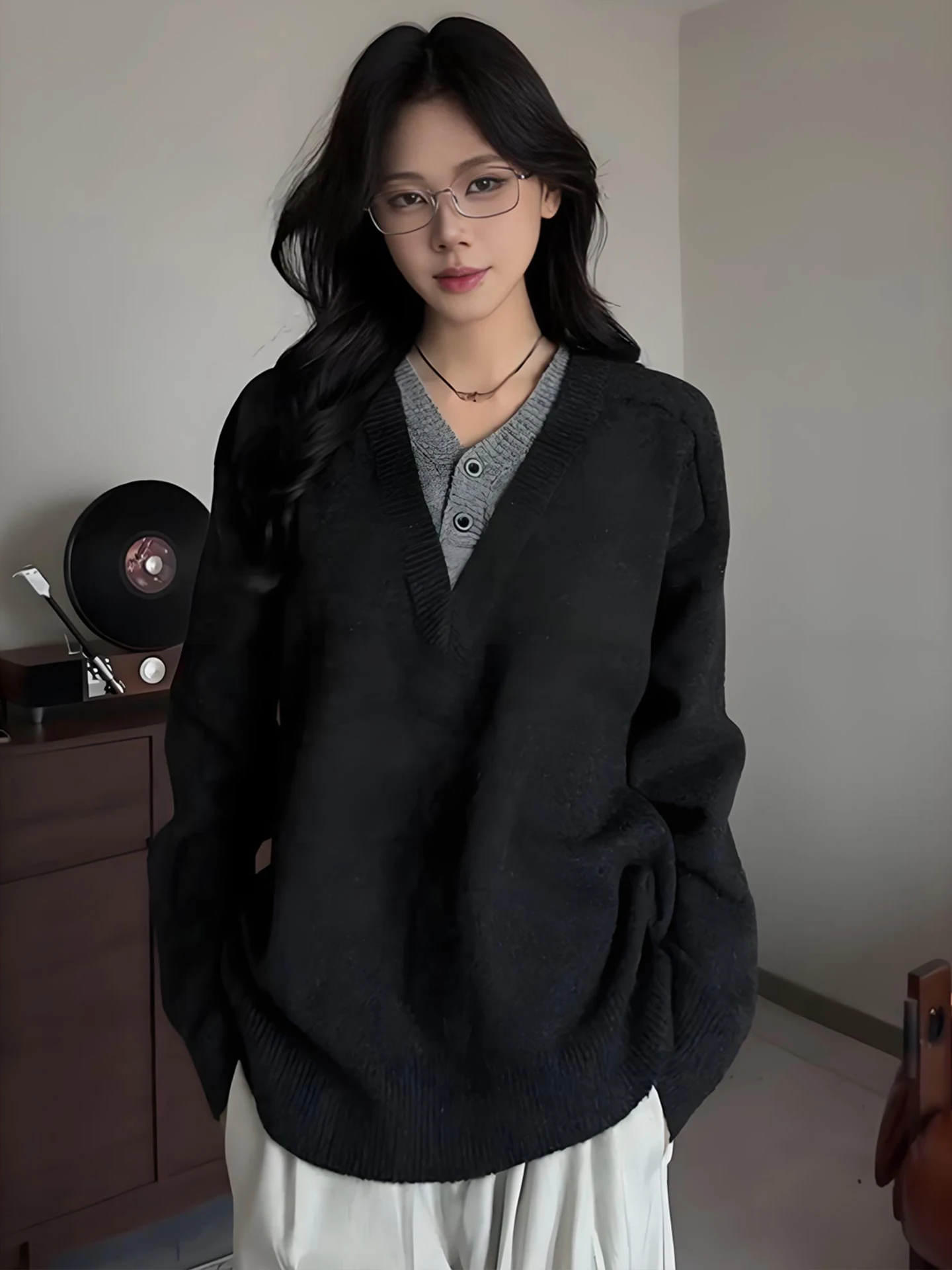 

Мужской вязаный свитер в американском ретро-стиле, имитация двухслойности, глубокий V-образный вырез, свободный крой, воротник Хенли, осенний сезон, длинный рукав