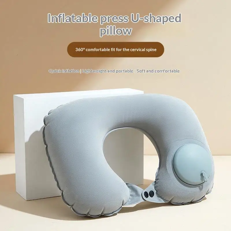 Flocking Self Inflatable Portable Neck Pillow Foldable Storage Travel Pillow For Business Trip Camping Outdoor Use