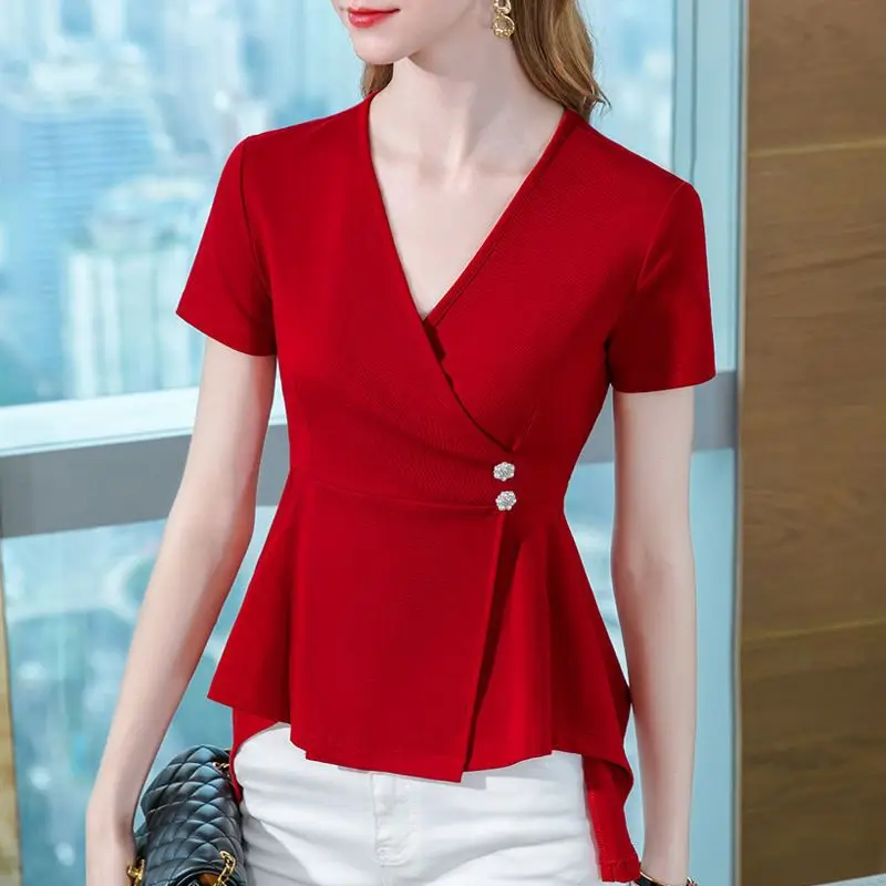 Office Lady Elegant Solid Summer Top Short Sleeve V-neck Irregular Hem T-shirt S-6XL Slim Pullover