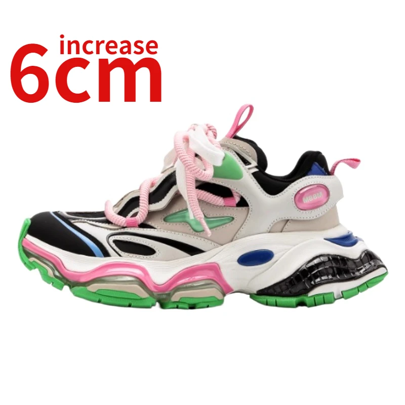 Pink and Ink Trendy Dad Shoes for Men Women's Increased 6cm Genuine Leather Thick Sole Sneakers Heightening Couple Casual Shoes