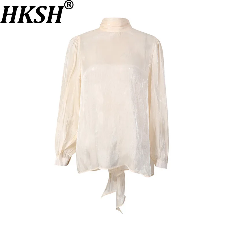 

HKSH Spring Autumn New Women Shirt Long Sleeves Lace-up Collar Solid Color Fashion Casual Elegant Sweet High Street Tops HK17806