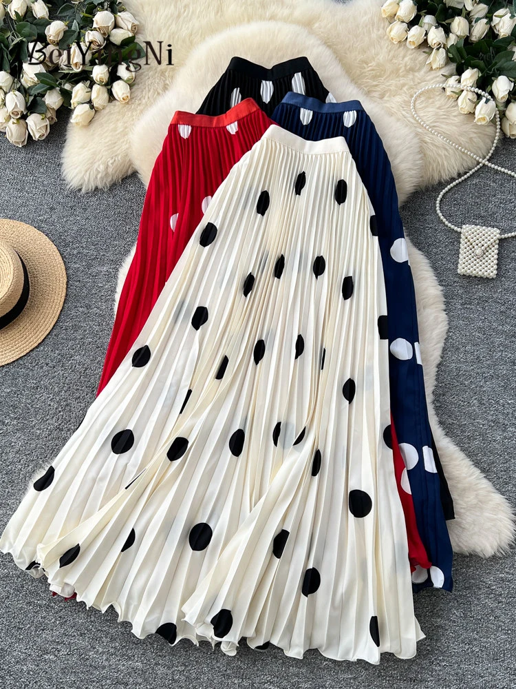 

Beiyingni 2026 Стильная винтажная классическая женская макси-юбка в горошек с принтом Элегантные длинные плиссированные юбки для взрослых красного цвета High Street OL Faldas