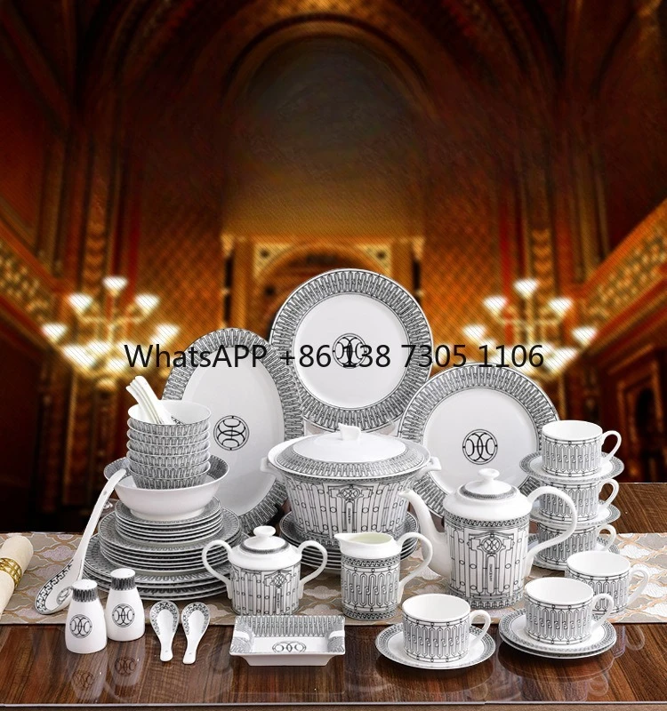 European style, luxury H home, bone china tableware set, 58 ceramic western tableware, plates, spoons, coffee sets