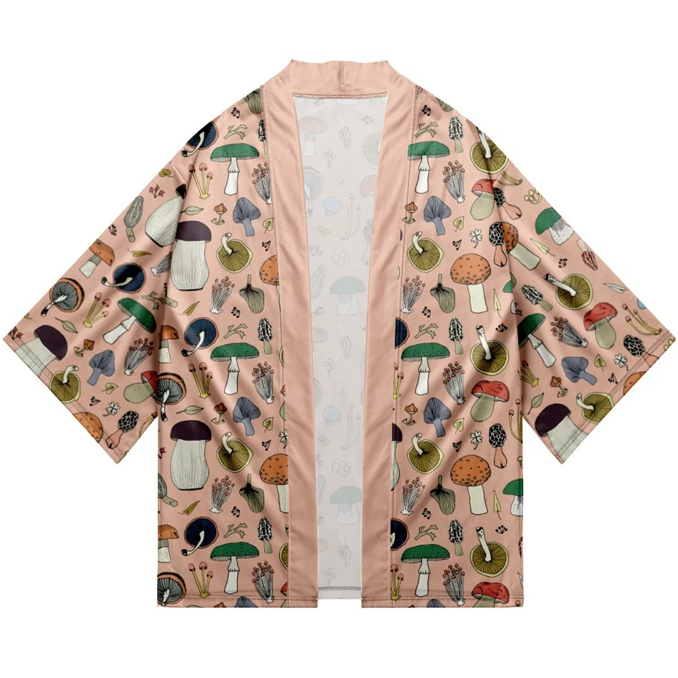Kimono Cardigan Women Men Japanese Obi Male Yukata Boys Haori Anime Mushroom Print Coat Traditional Japanese Clothing