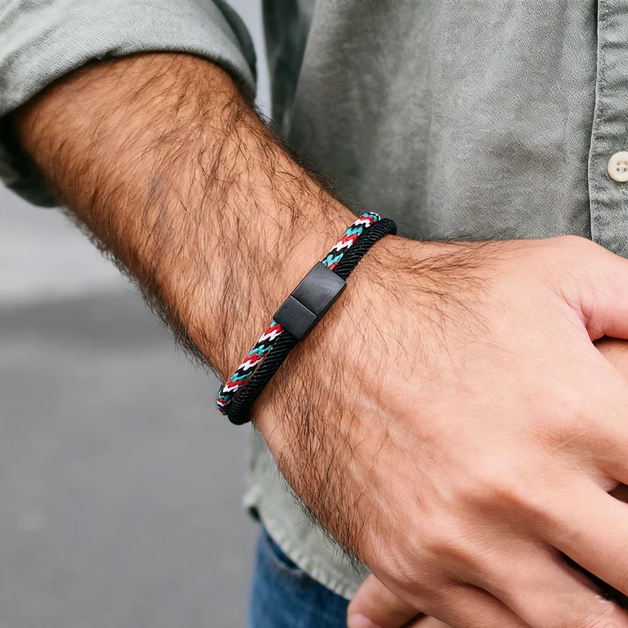 Brazalete único para hombre, cadena de grado A, hebilla magnética desmontable de acero inoxidable, brazalete de cuerda bicolor bohemio, pulsera náutica
