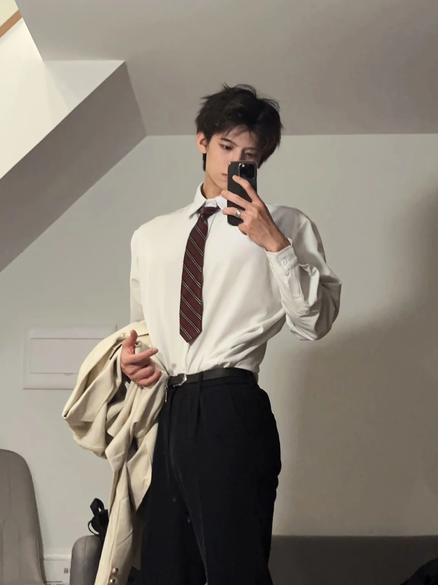 

White Long Sleeve Shirt Inner Wear Base Layer Teenage Boys Fashionable Versatile Bottoming Shirt Polyester Cotton Blend Stand...