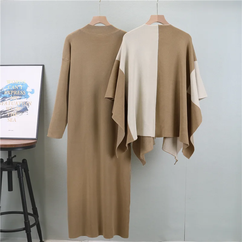 Women Elegant  Fashion Outfits Knitted Two Piece Sets Autumn Winter Color Blocking  Shawl+Solid Color Dress Sweater Suits