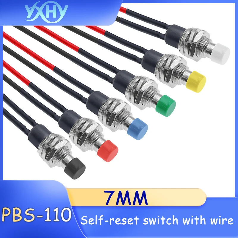 

5pcs PBS-110 Small Round Button with Wire, 2-Pin Momentary Reset, Non-Locking Button Switch, Copper Pins, 7MM Mounting Hole, Red