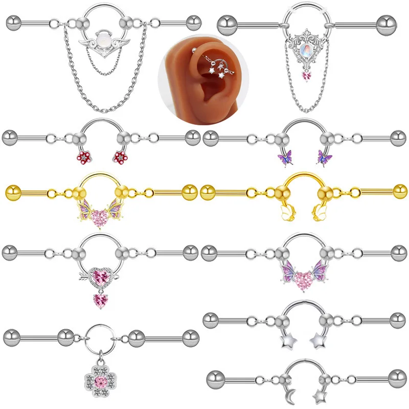 Fashion Heart Butterfly Earbone Stud With Chains CZ Crystal Moon Stars Ear Bridge Industrial Barbell Piercing Earrings Jewelry