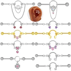 Fashion Heart Butterfly Earbone Stud With Chains CZ Crystal Moon Stars Ear Bridge Industrial Barbell Piercing Earrings Jewelry