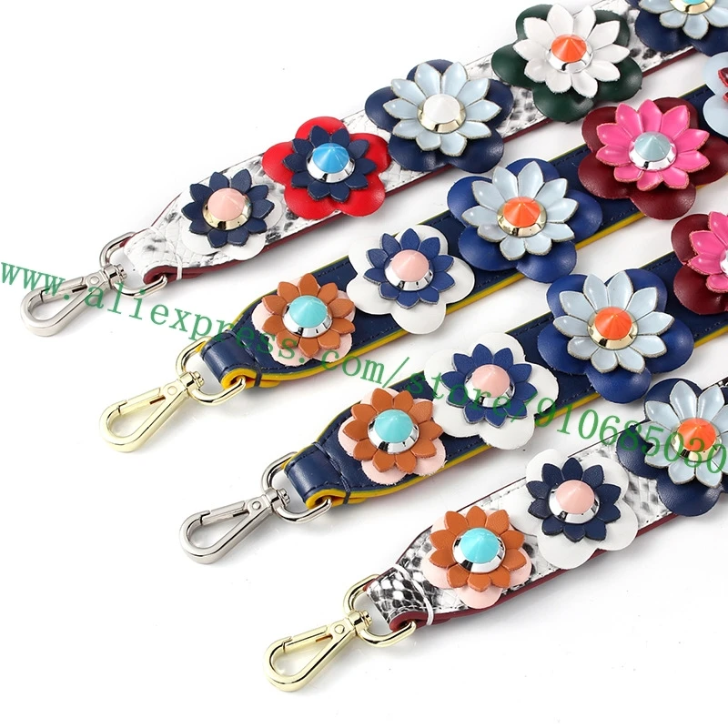 Top Grade Real Calf Leather Bag Strap You For Lady Designer Handbag Women Shoulder Carry Belt Colorful Floral Studs Flower