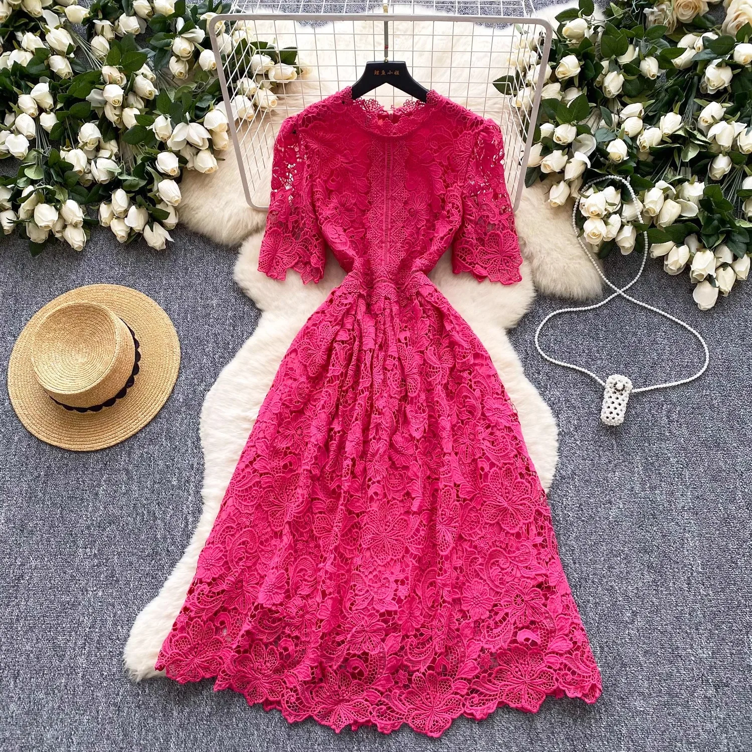

High Quality Hollow Out Lace Embroidery Prom Dress Women Short Sleeve Slim High Waist French Vintage Floral Midi Party Vestidos