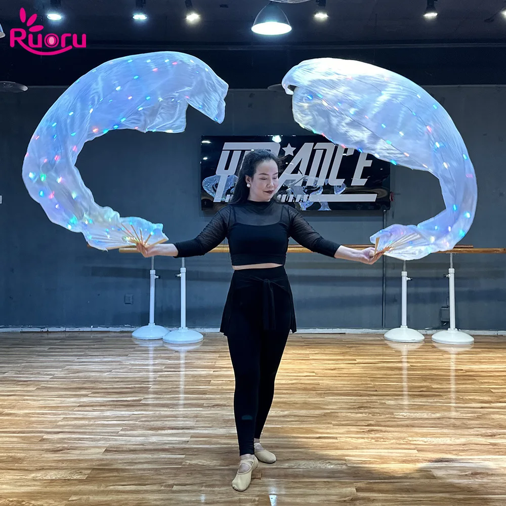 Ruoru 100% Zijde Buikdansen Led Fan Sluiers 180cm Lange Zijden Fan Sluiers met Verlichting Automatische Glitter Club Carnaval Hollween