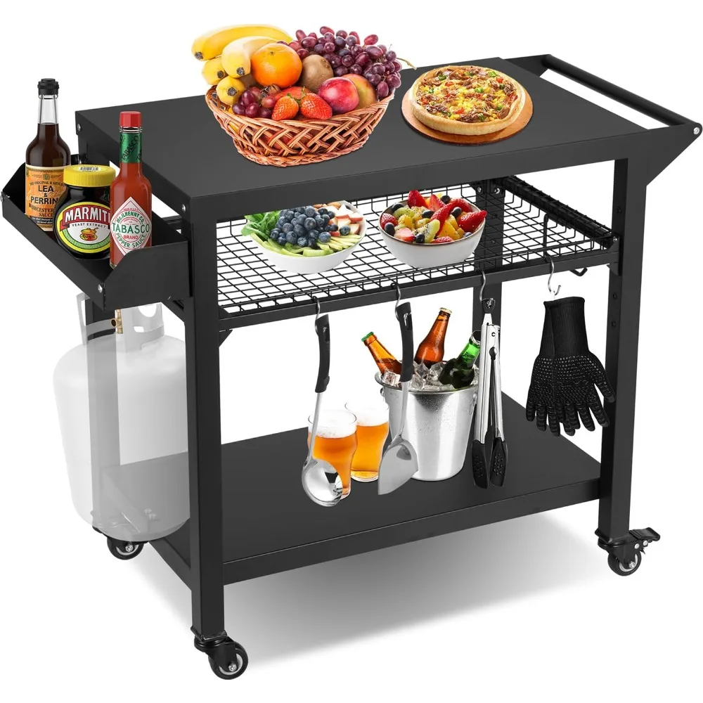 Outdoor Grill Cart,  Pizza Oven Stand Table with Wheels Dining Cart, Movable Prep Cart w/Mesh Racks for Home Party, Bar, Camping